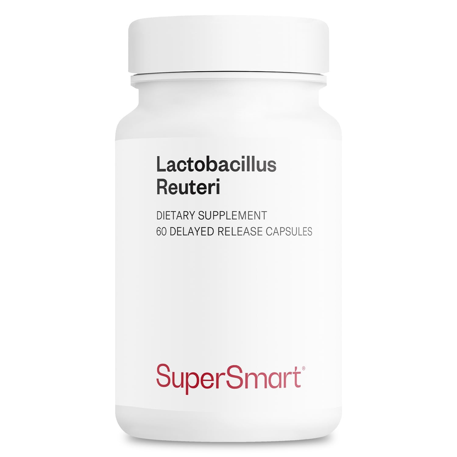Supersmart Lactobacillus reuteri frasco frontal mostrando diseño y 60 cápsulas, confianza visual