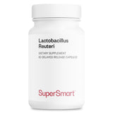 Supersmart Lactobacillus reuteri frasco frontal mostrando diseño y 60 cápsulas, confianza visual