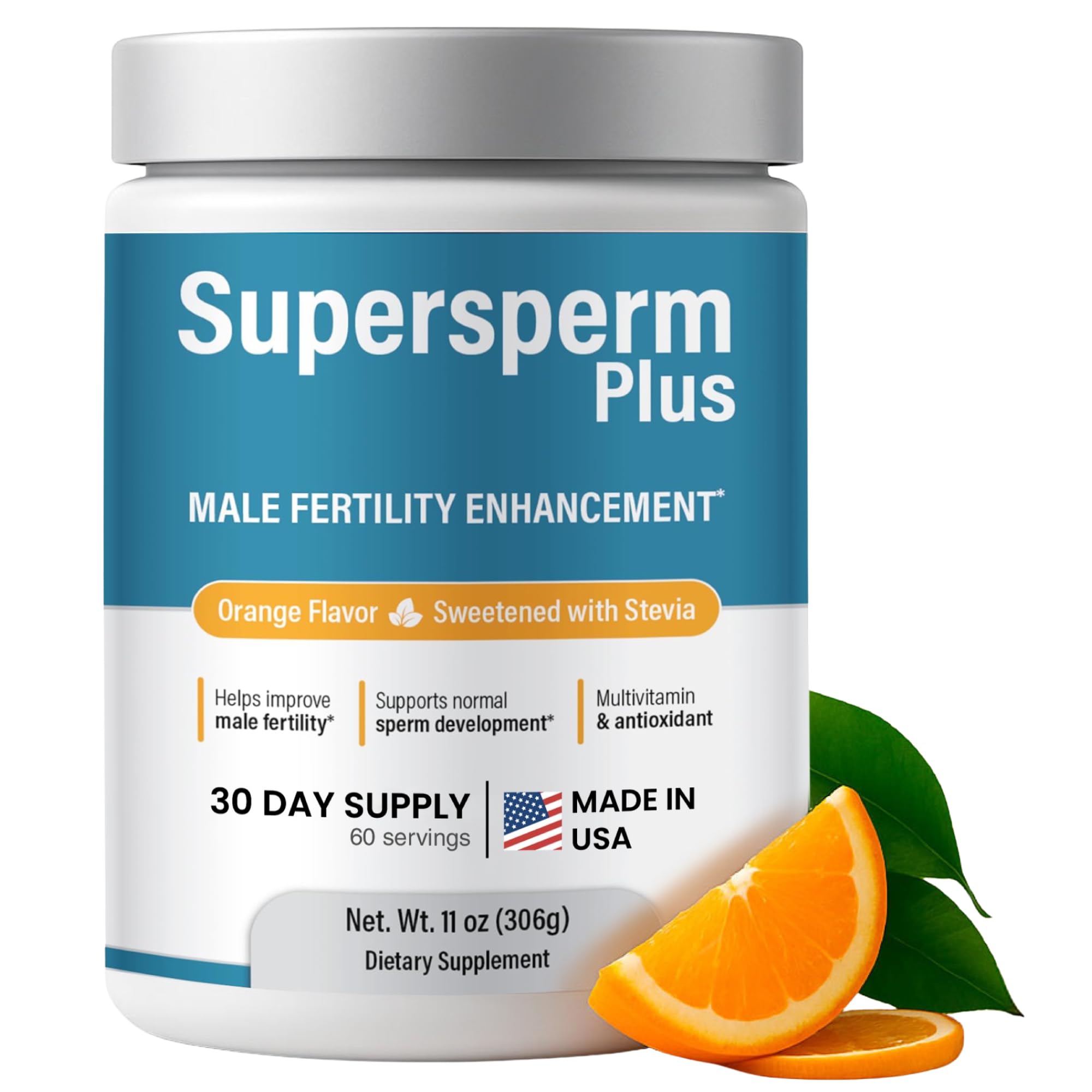 Supersperm Plus frente del empaque mostrando formato y sabor naranja