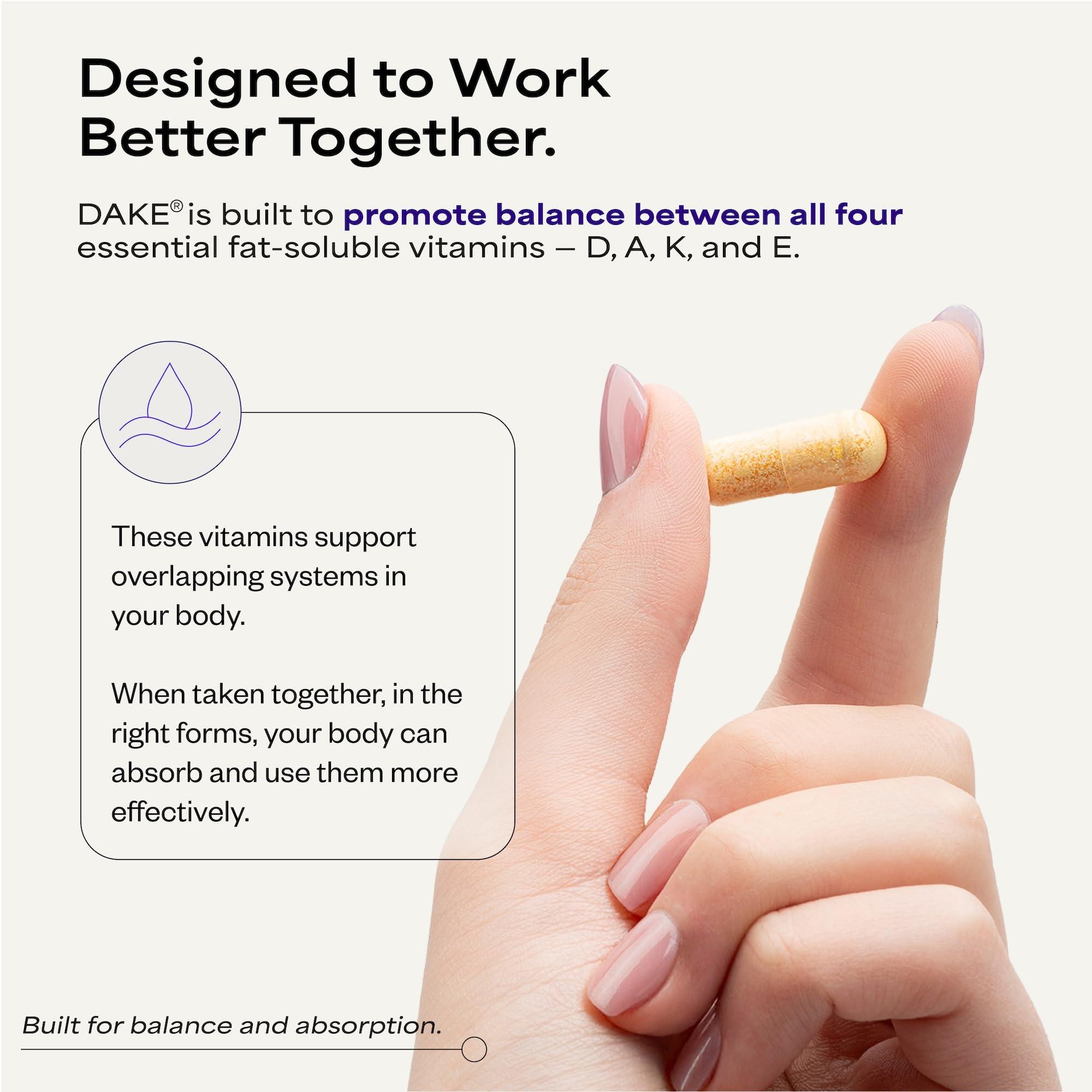Suppgrade Labs DAKE aceite y gotas representando absorción liposoluble efectiva