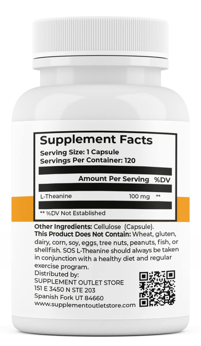 Supplement Outlet Store etiqueta SOS L-Theanine detalle con información de dosificación clara