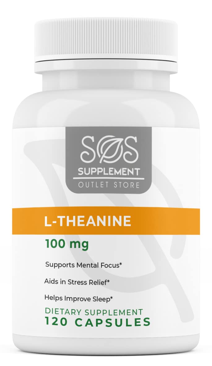 Supplement Outlet Store frasco SOS L-Theanine frontal mostrando 120 cápsulas y claridad