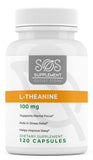 Supplement Outlet Store frasco SOS L-Theanine frontal mostrando 120 cápsulas y claridad