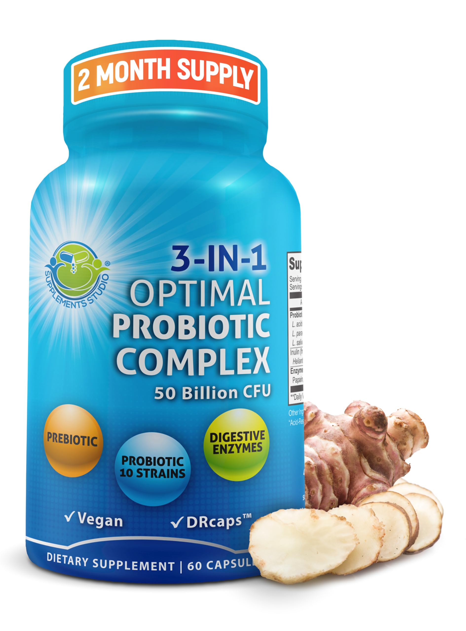 SUPPLEMENTS STUDIO frasco frontal mostrando diseño y beneficio digestivo