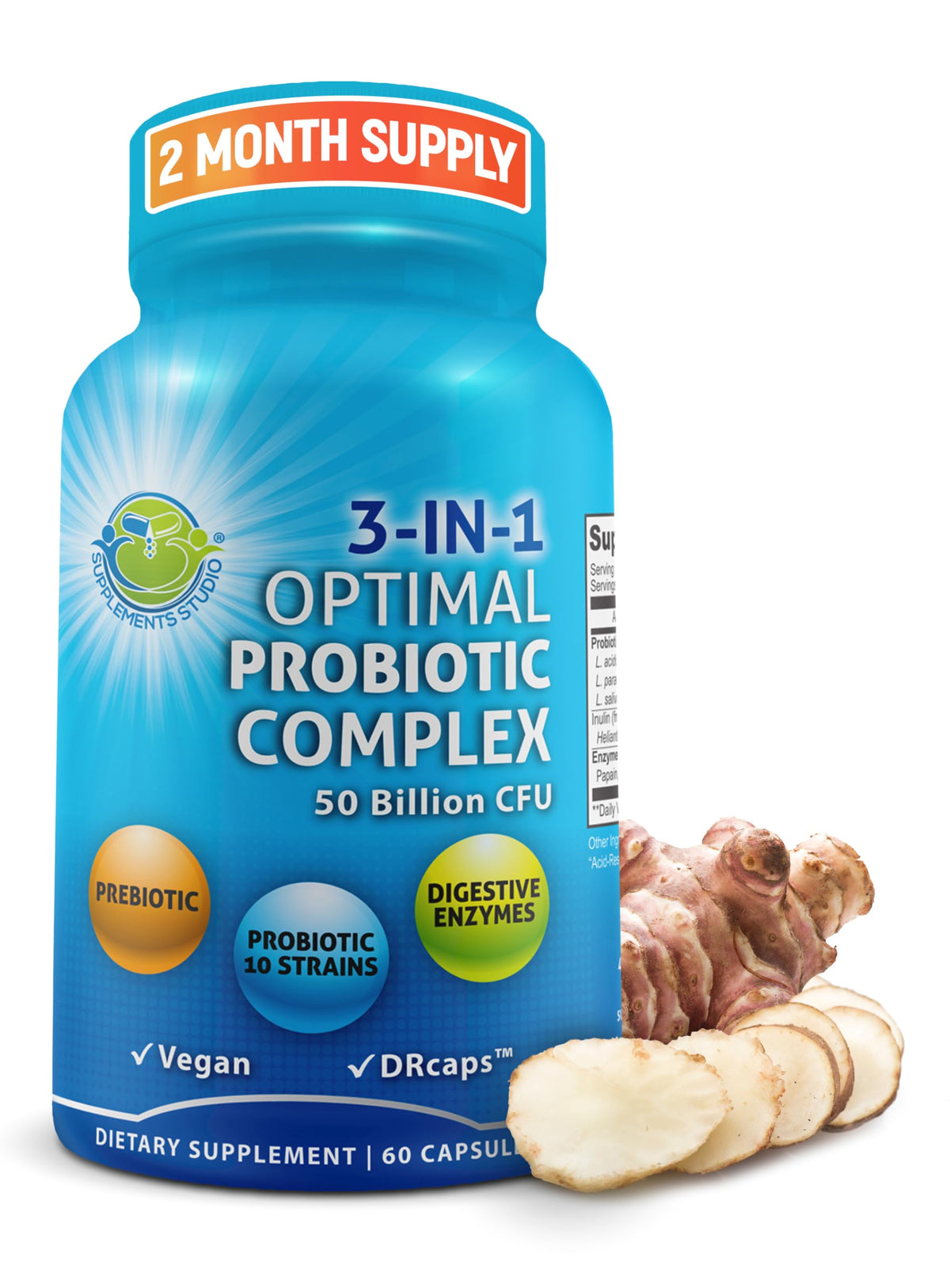 SUPPLEMENTS STUDIO frasco frontal mostrando diseño y beneficio digestivo