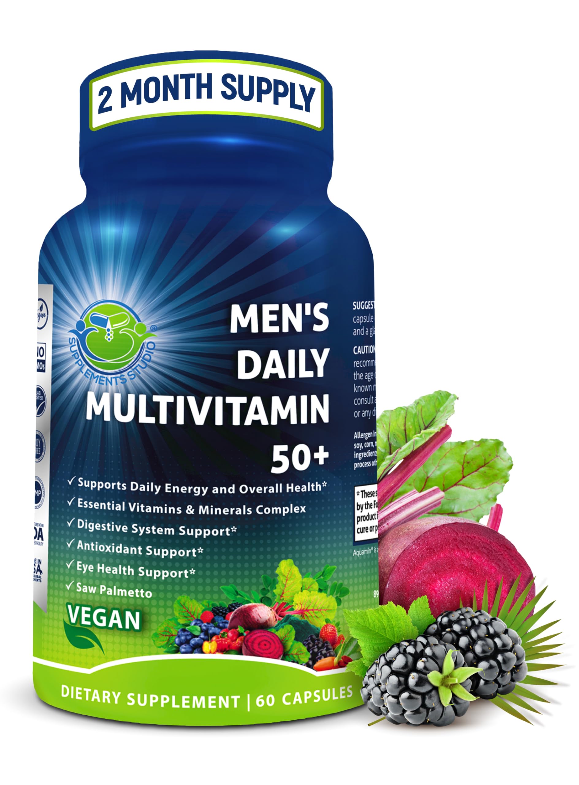 SUPPLEMENTS STUDIO frente del empaque mostrando la fórmula para hombres 50+ y beneficios