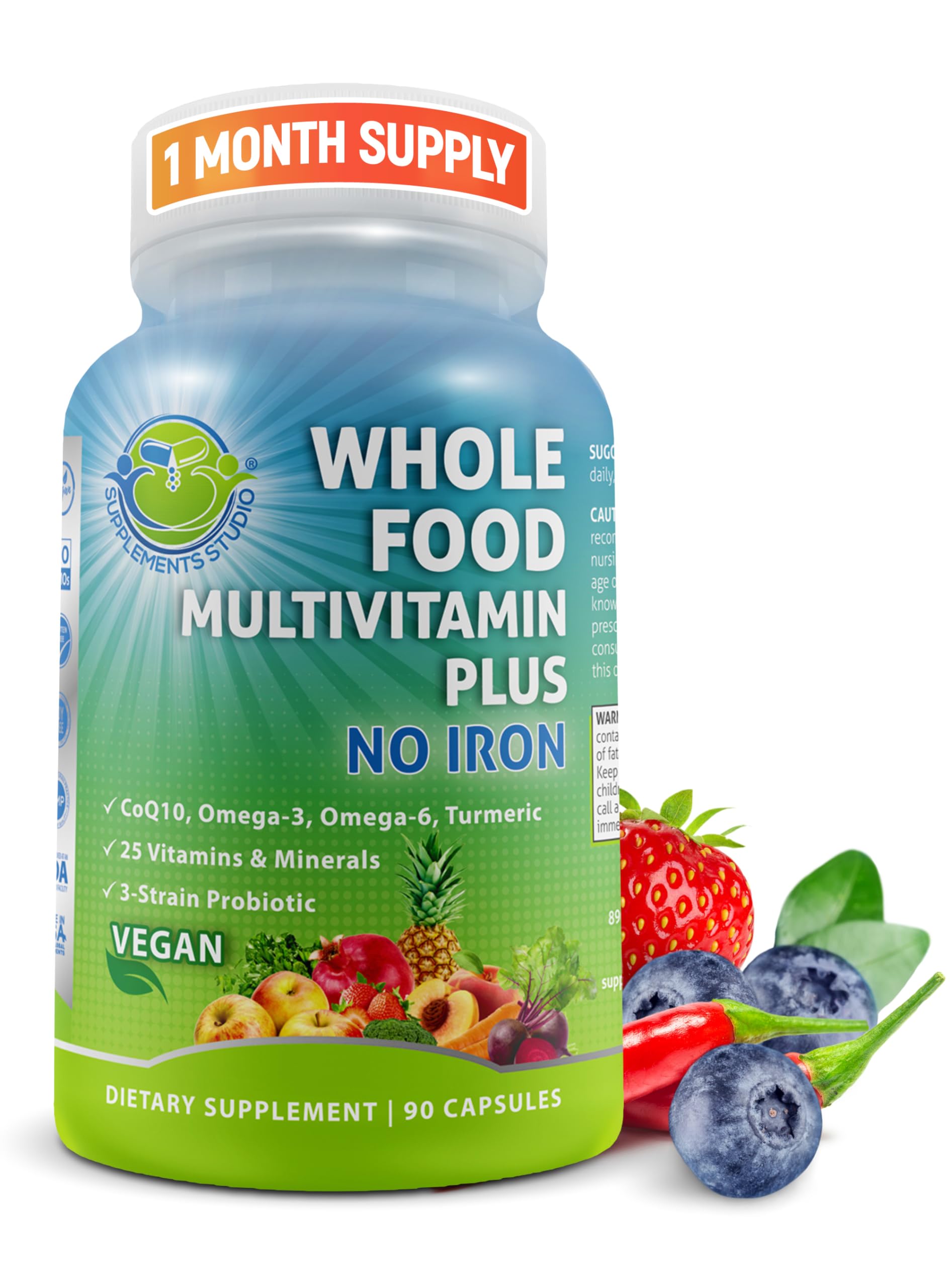SUPPLEMENTS STUDIO frente del envase mostrando fórmula vegana y beneficios