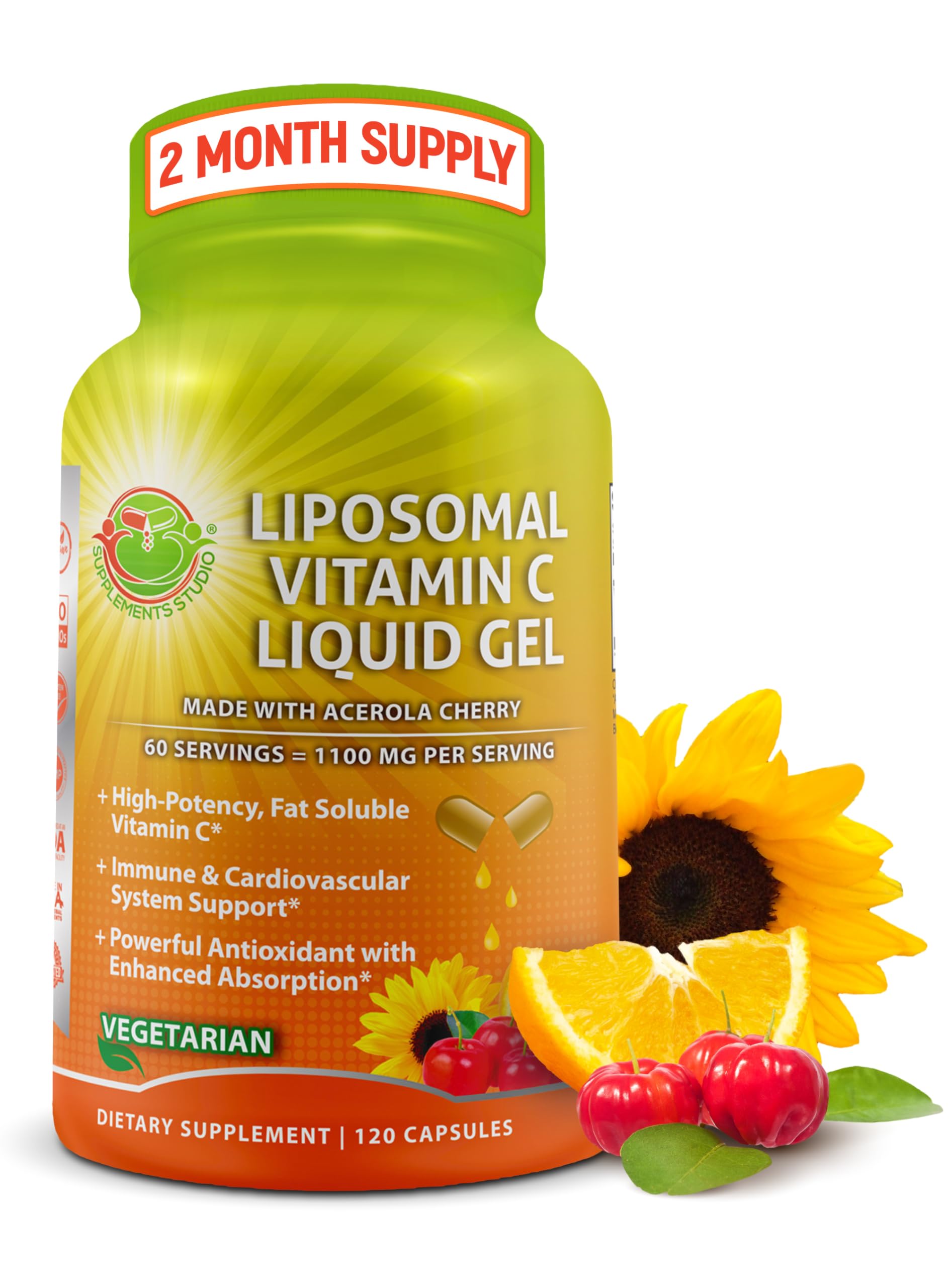 SUPPLEMENTS STUDIO empaque frontal de vitamina C liposomal mostrando beneficio absorción