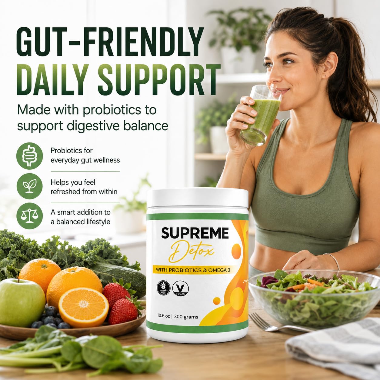 Supreme Detox vaso servido como batido, bebida lista y práctica