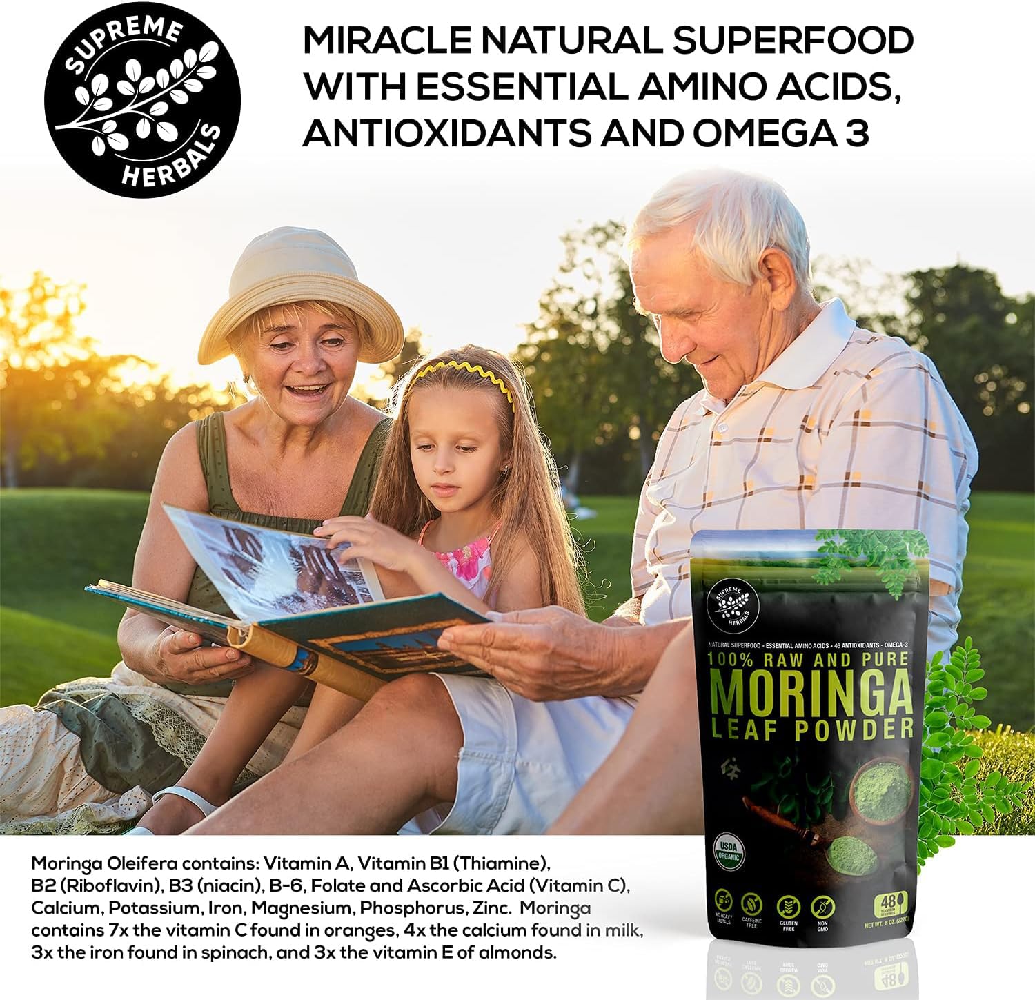 SUPREME HERBALS primer plano polvo moringa textura fina aporta nutrientes concentrados