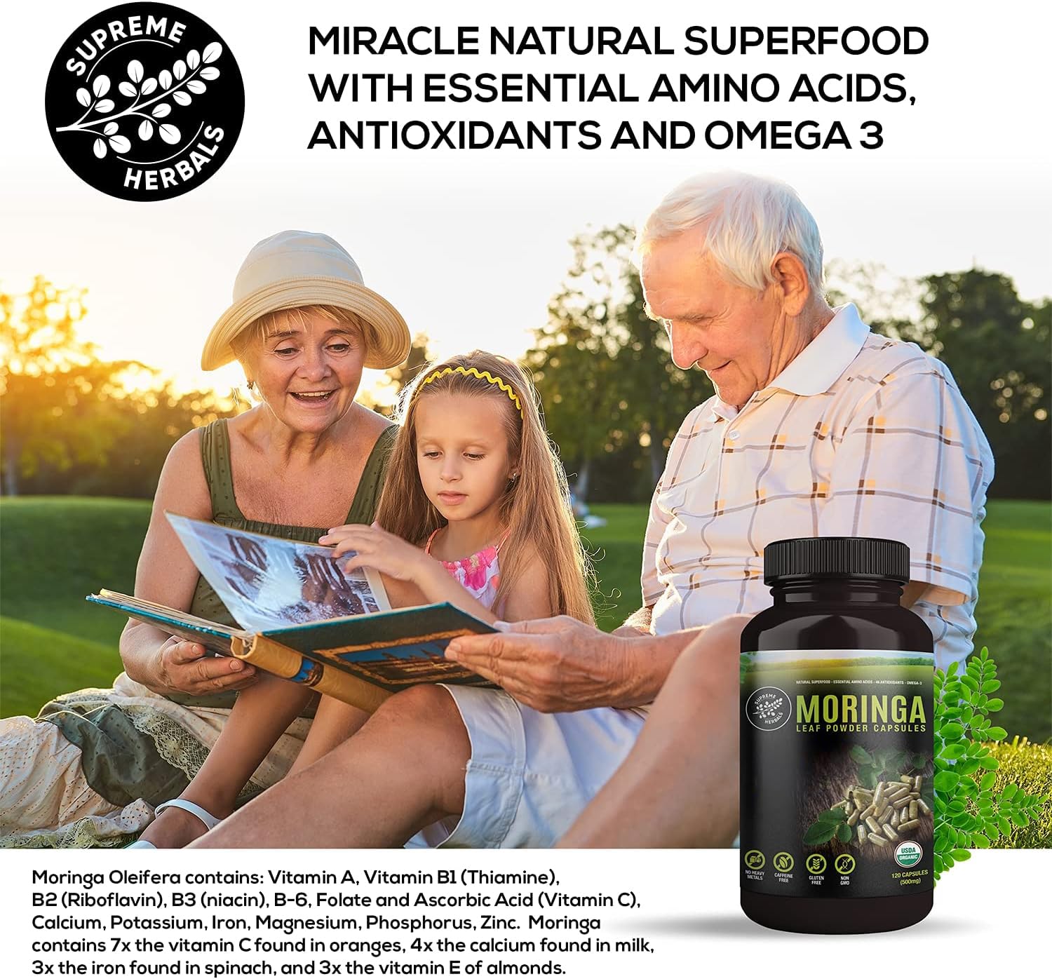 SUPREME HERBALS polvo de moringa textura detallada, visual de pureza y calidad