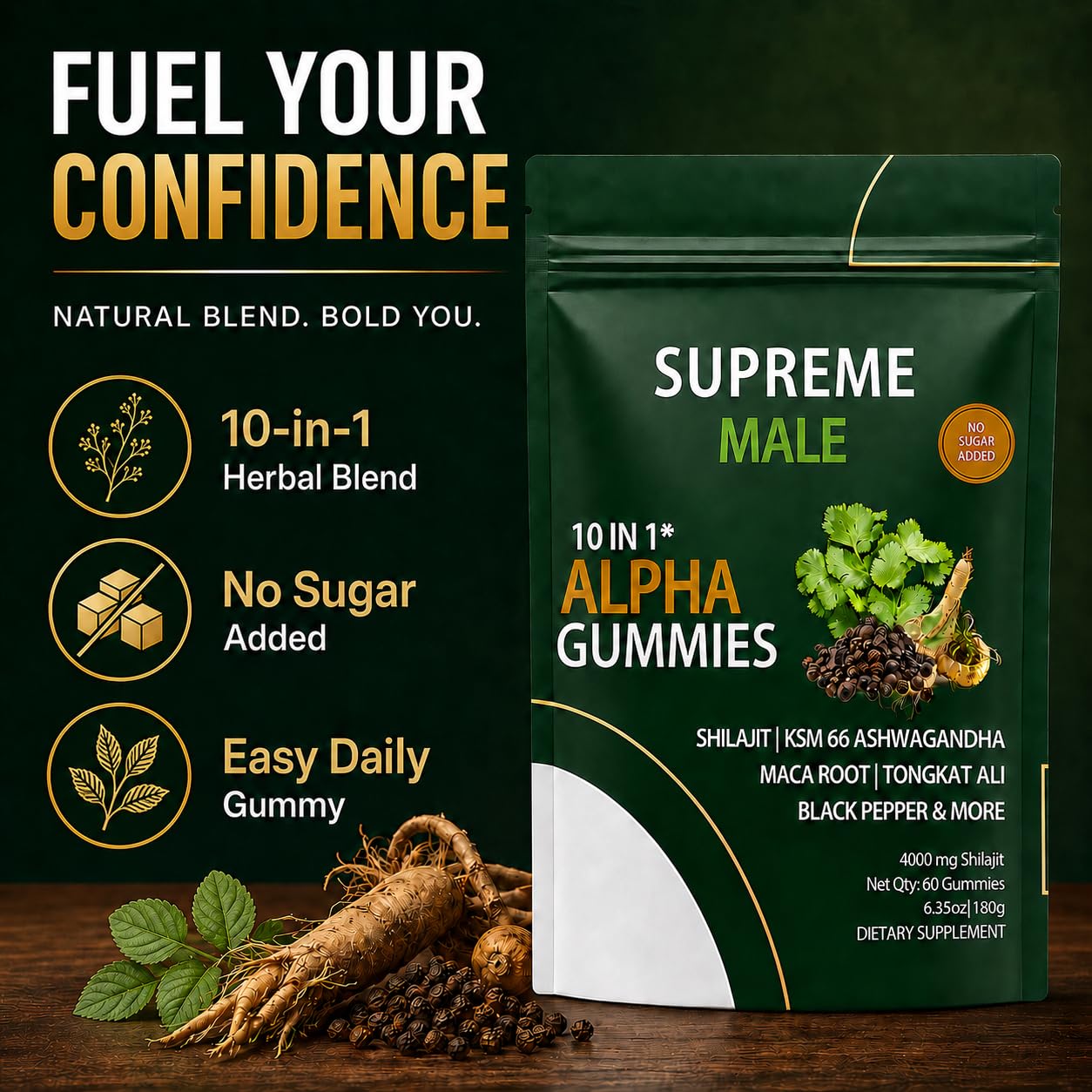 SUPREME MALE etiqueta nutricional visible con información sin azúcar