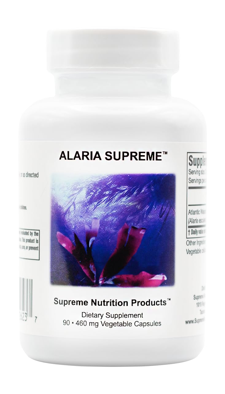 Supreme Nutrition Alaria Supreme frasco frente mostrando 90 cápsulas y etiqueta clara