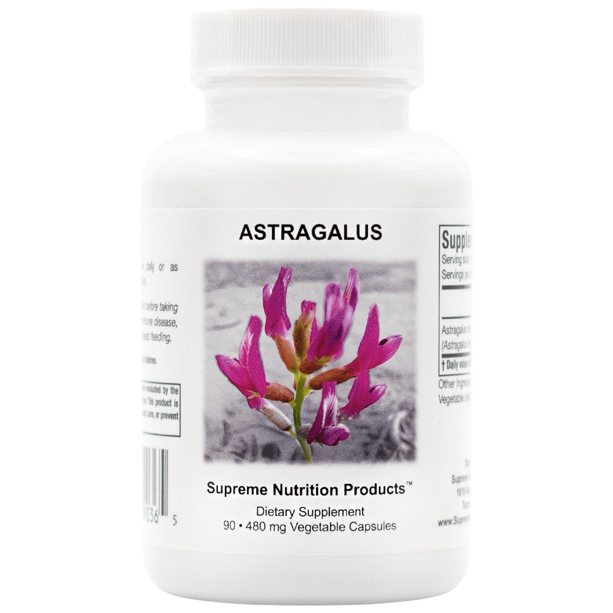 Supreme Nutrition Astragalus Supreme frontal del frasco con 90 cápsulas, presentación clara y compacta