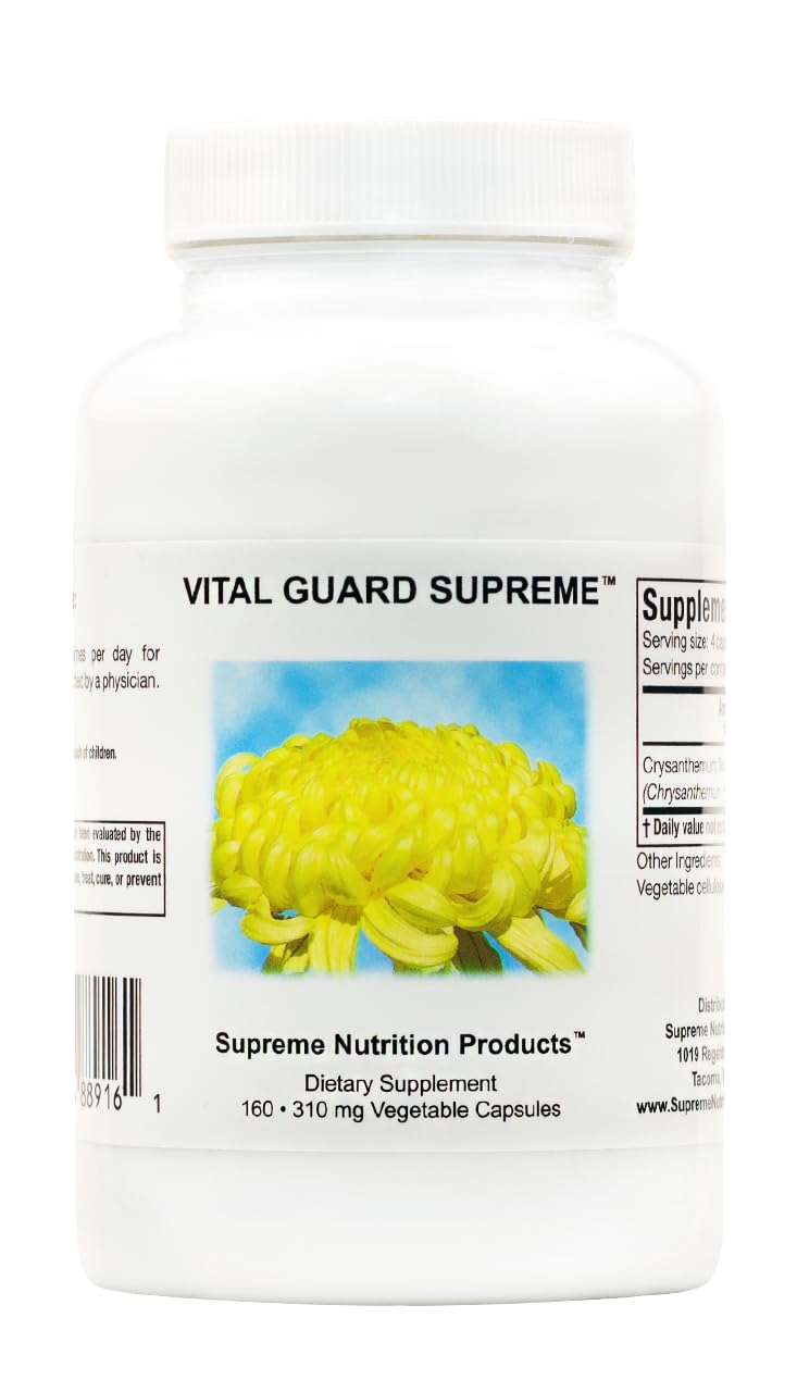 Supreme Nutrition frasco frontal con crisantemo puro, muestra confianza en calidad