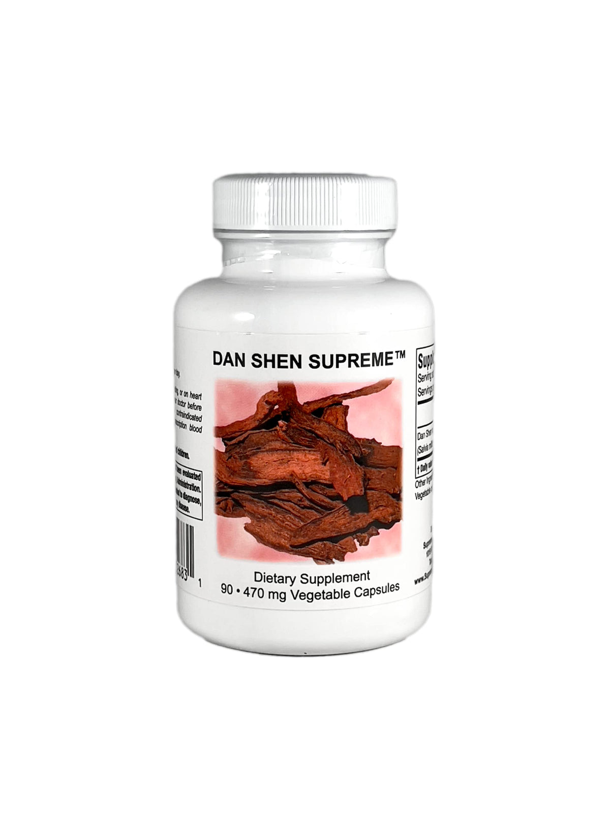 Supreme Nutrition frasco Dan Shen Supreme frontal muestra etiqueta y cantidad, confianza en pureza