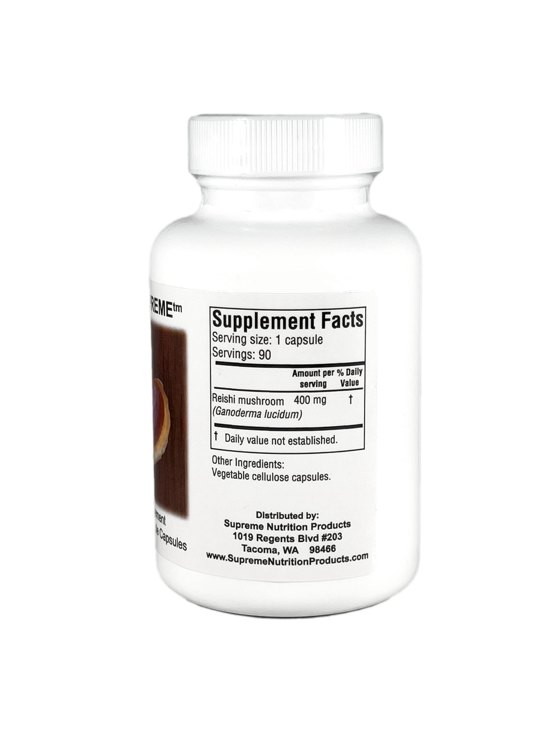 Etiqueta de Supreme Nutrition Reishi con detalle de ingredientes y pureza