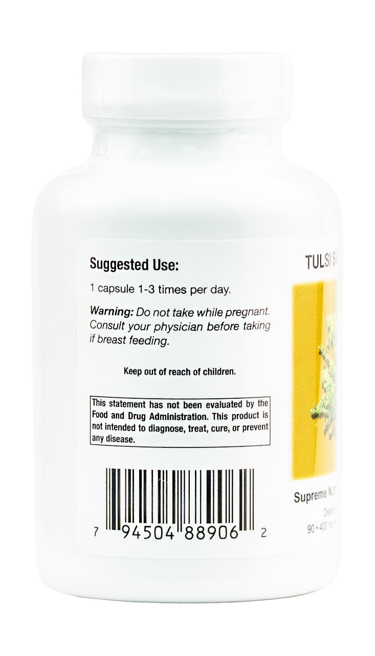 Supreme Nutrition etiqueta en primer plano indicando 100% hoja de Tulsi y cGMP