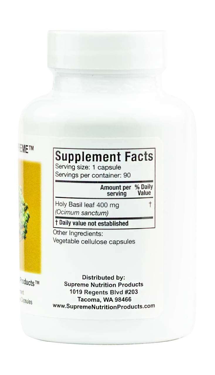 Supreme Nutrition cápsula vegetal con textura del polvo de tulsi y pureza visible