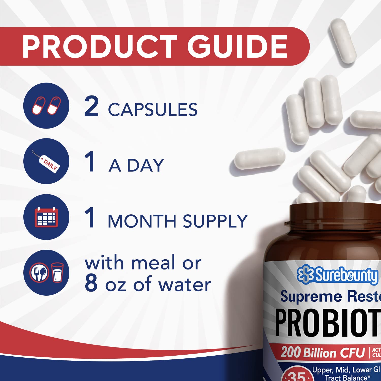 Surebounty etiqueta nutricional clara con 35 cepas y 200 billones CFU