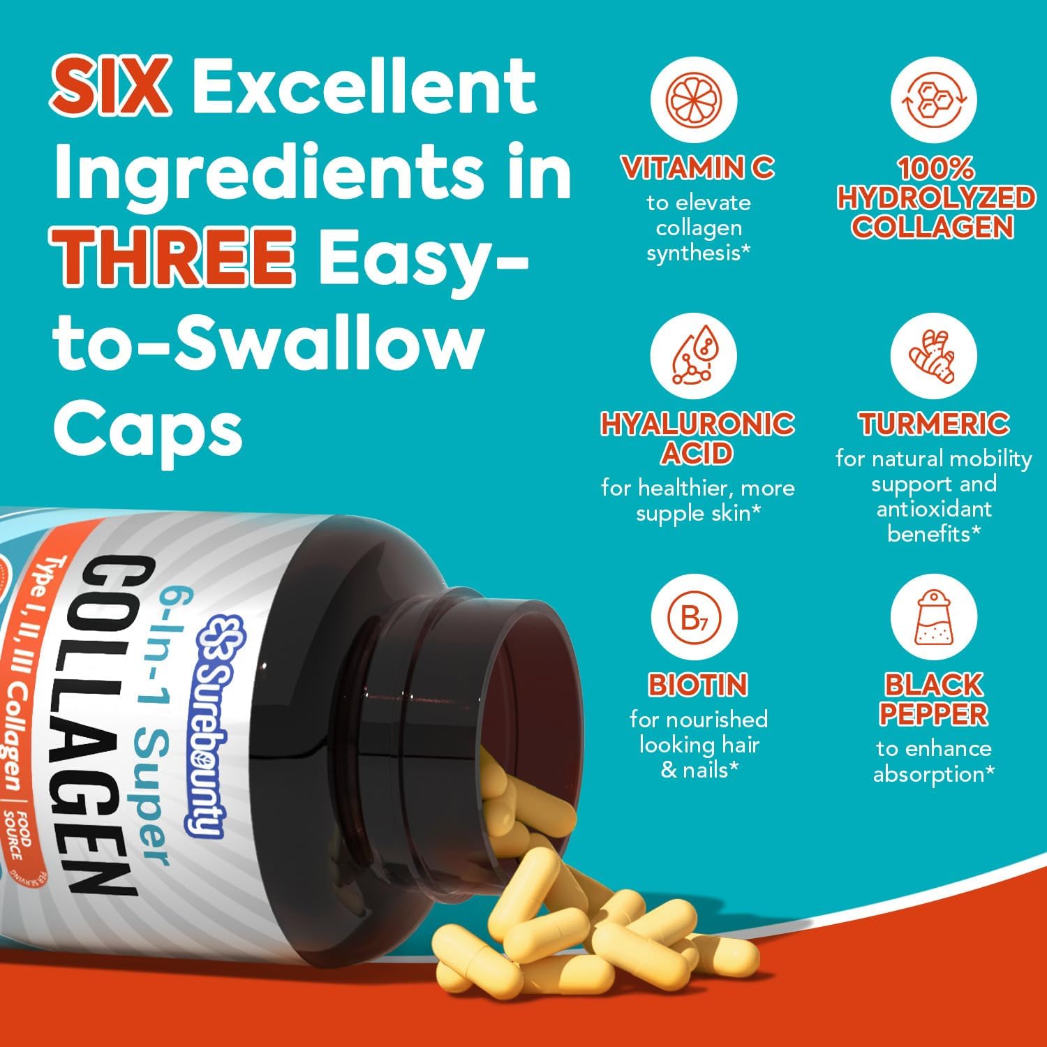 Surebounty ingredientes clave con vitamina C y ácido hialurónico para absorción