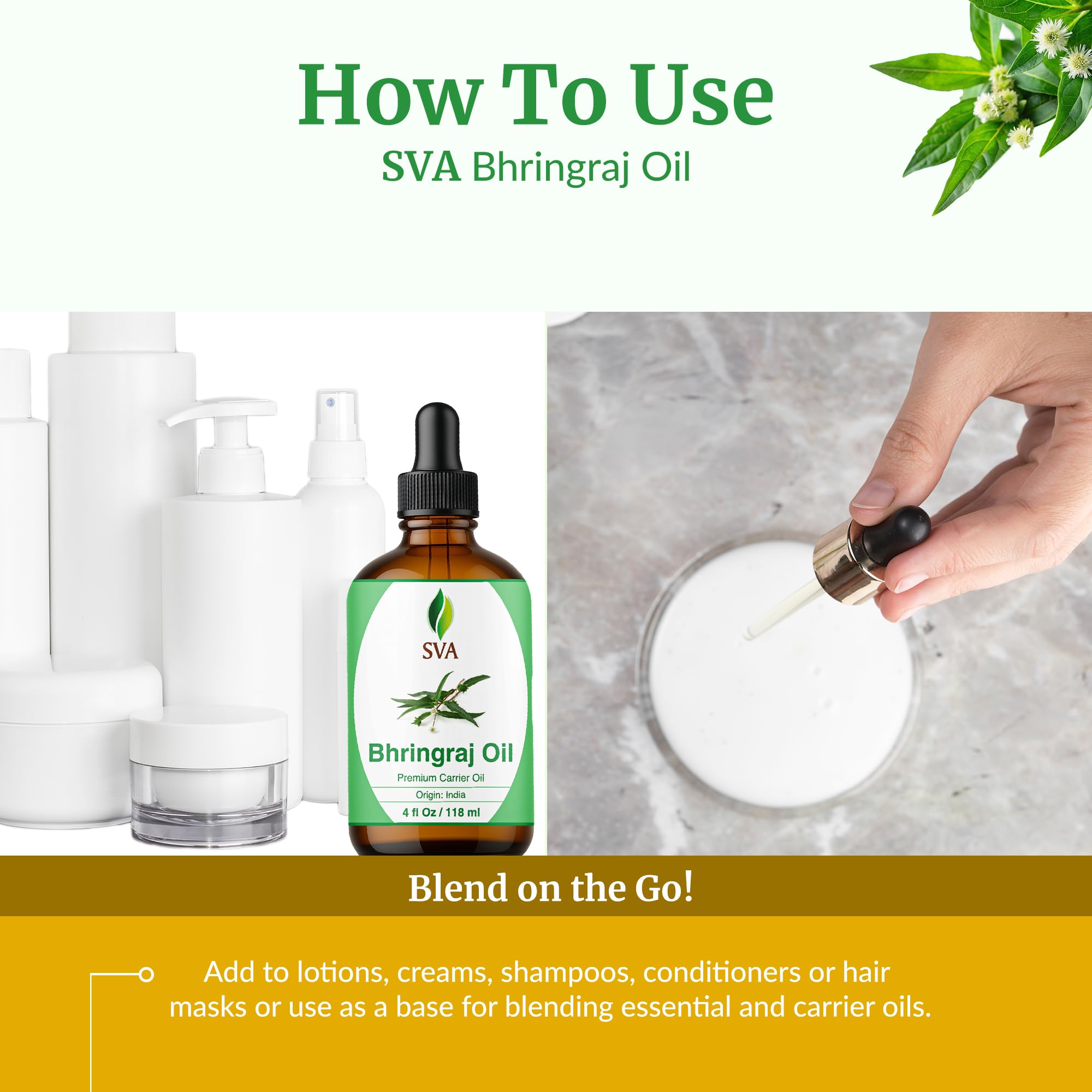 SVA ORGANICS aceite junto a objetos cotidianos para comparación de tamaño