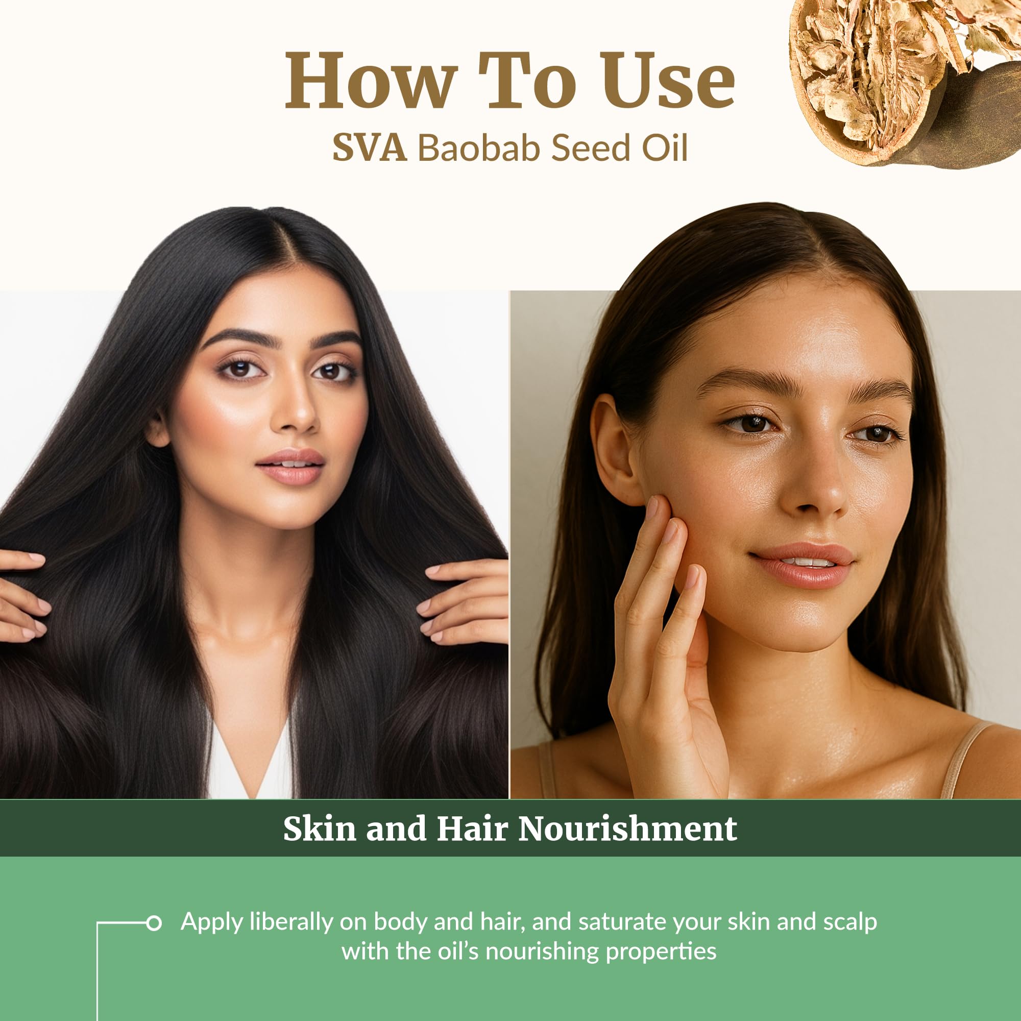 SVA ORGANICS uso en cabello con masaje en cuero cabelludo para nutrición