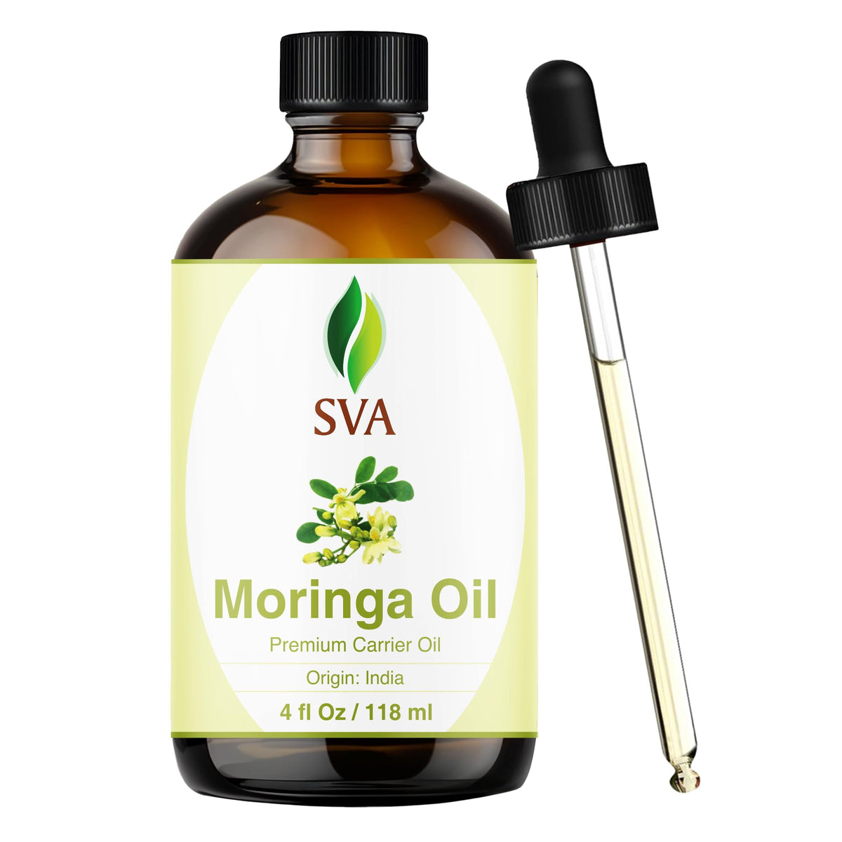 SVA ORGANICS botella frontal de moringa muestra envase ámbar y control de dosificación