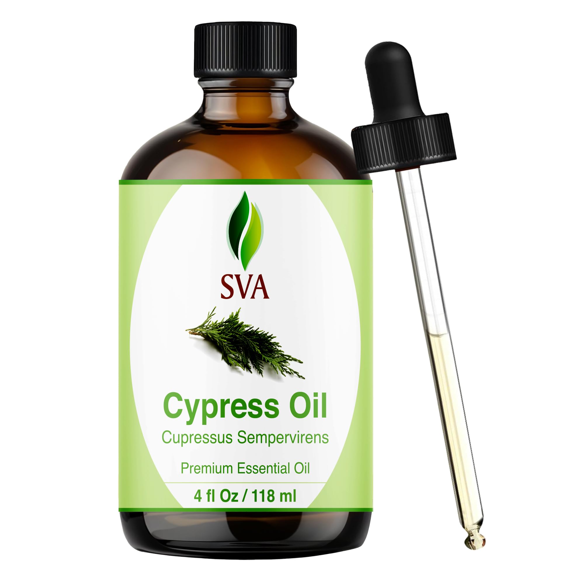 SVA ORGANICS frasco frontal de aceite de ciprés mostrando diseño y tamaño