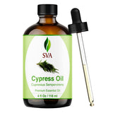 SVA ORGANICS frasco frontal de aceite de ciprés mostrando diseño y tamaño
