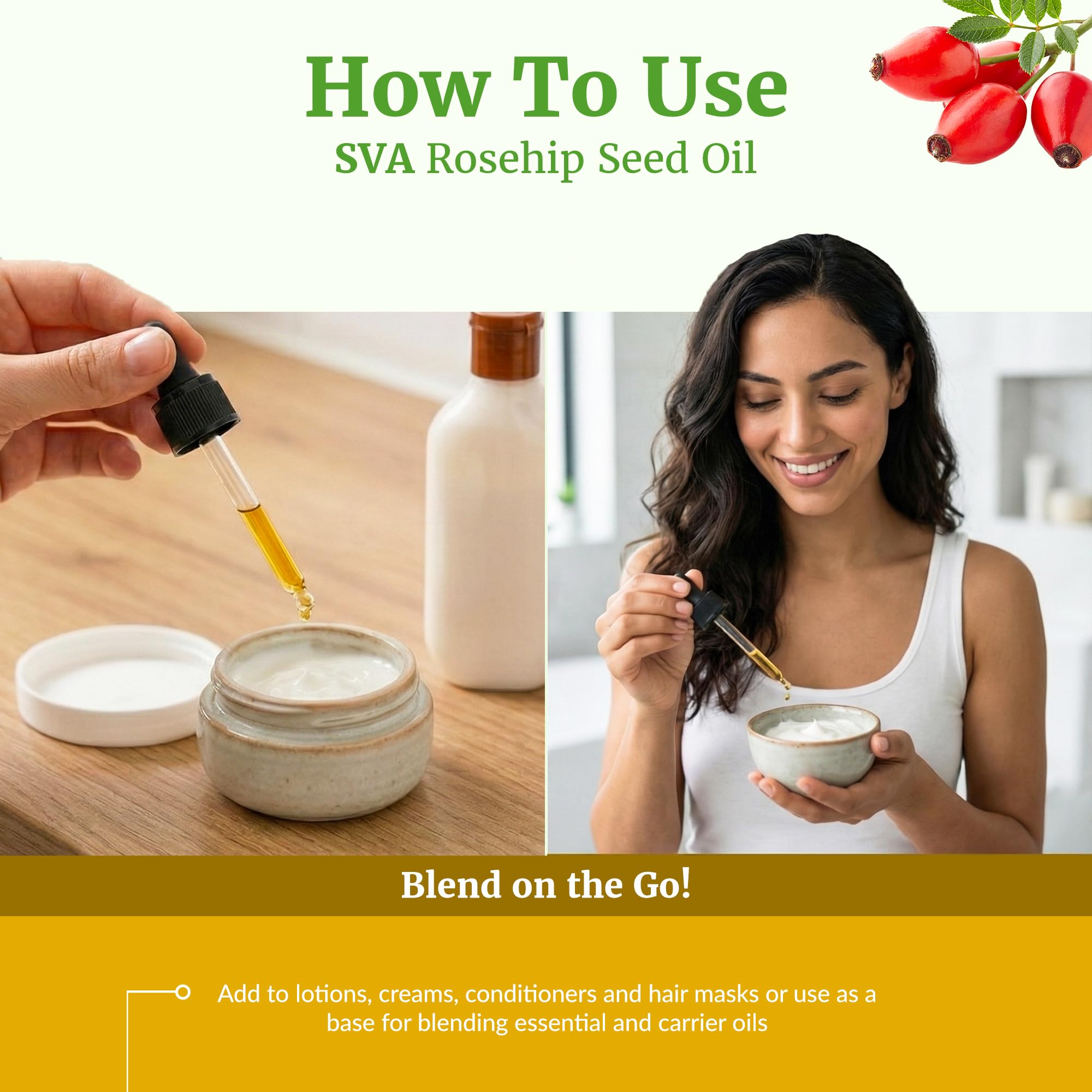 SVA ORGANICS botella 118 ml junto a objetos cotidianos mostrando tamaño real