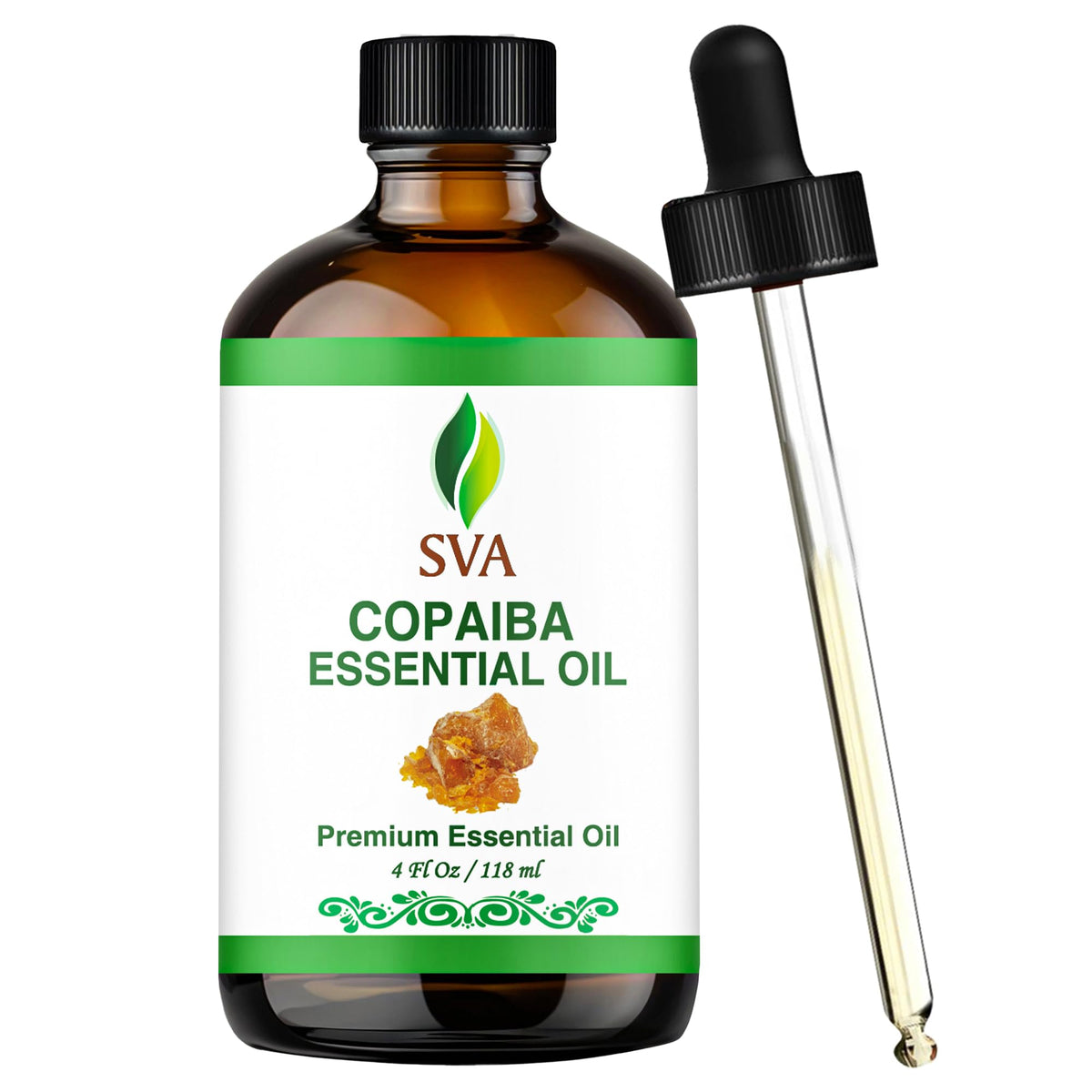 SVA ORGANICS botella de copaiba frontal con gotero, presentación clara
