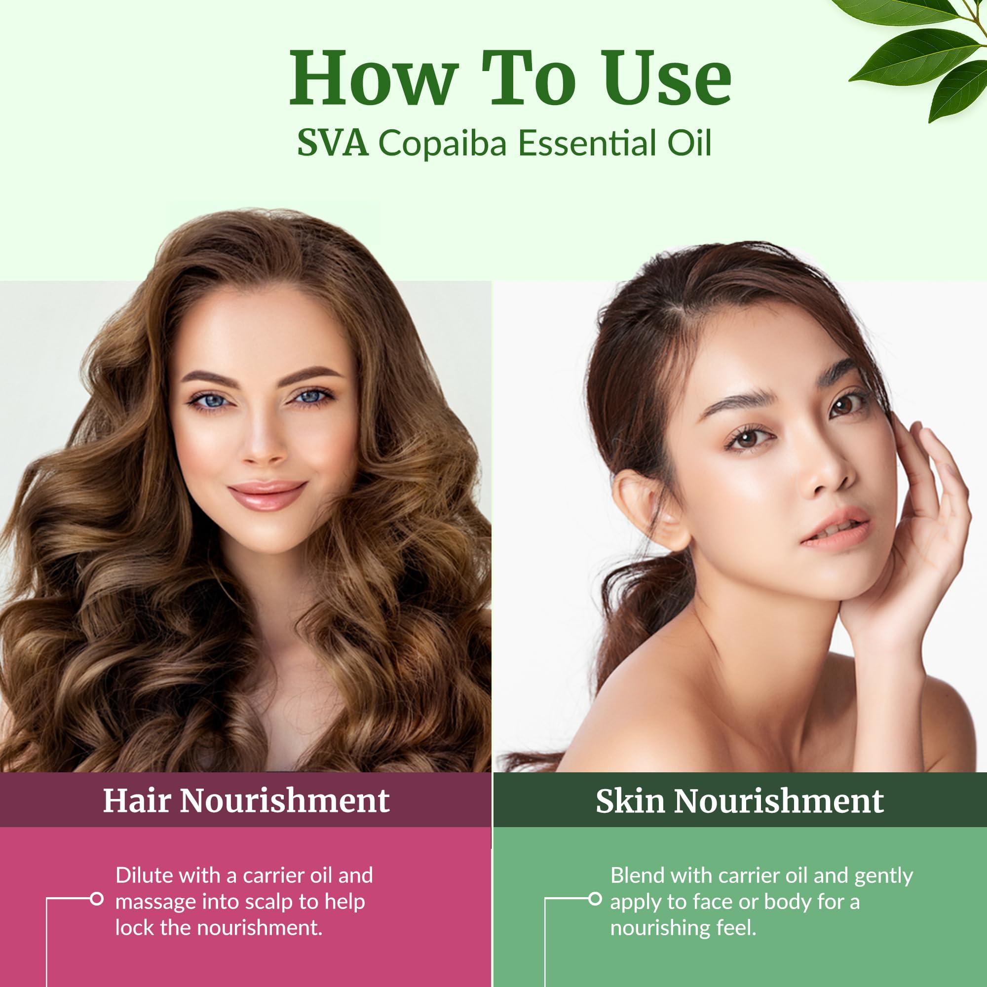 SVA ORGANICS masaje corporal con copaiba y aceite portador, aplicación segura