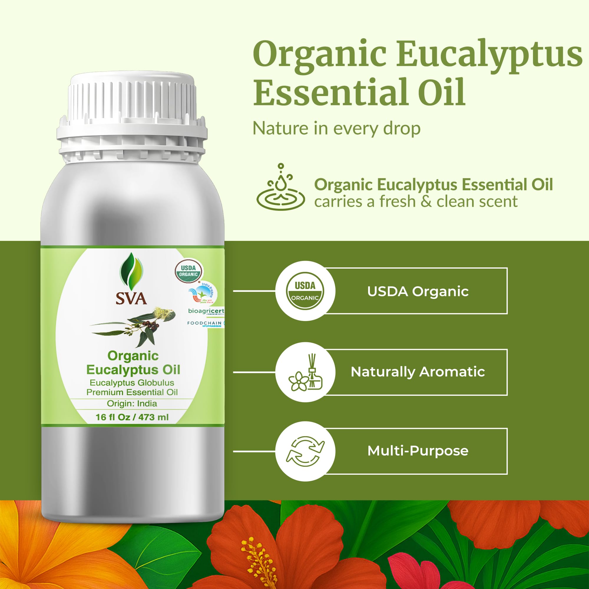SVA ORGANICS detalle de etiqueta que indica eucalipto orgánico y pureza
