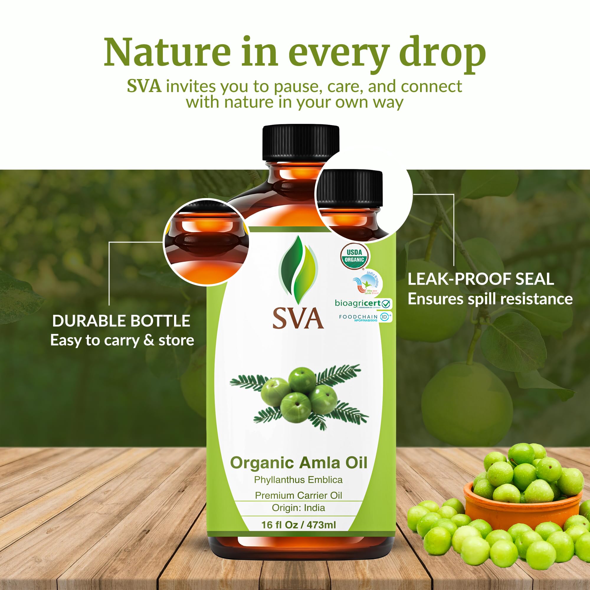 SVA ORGANICS fruta de amla y botella en entorno natural mostrando origen orgánico