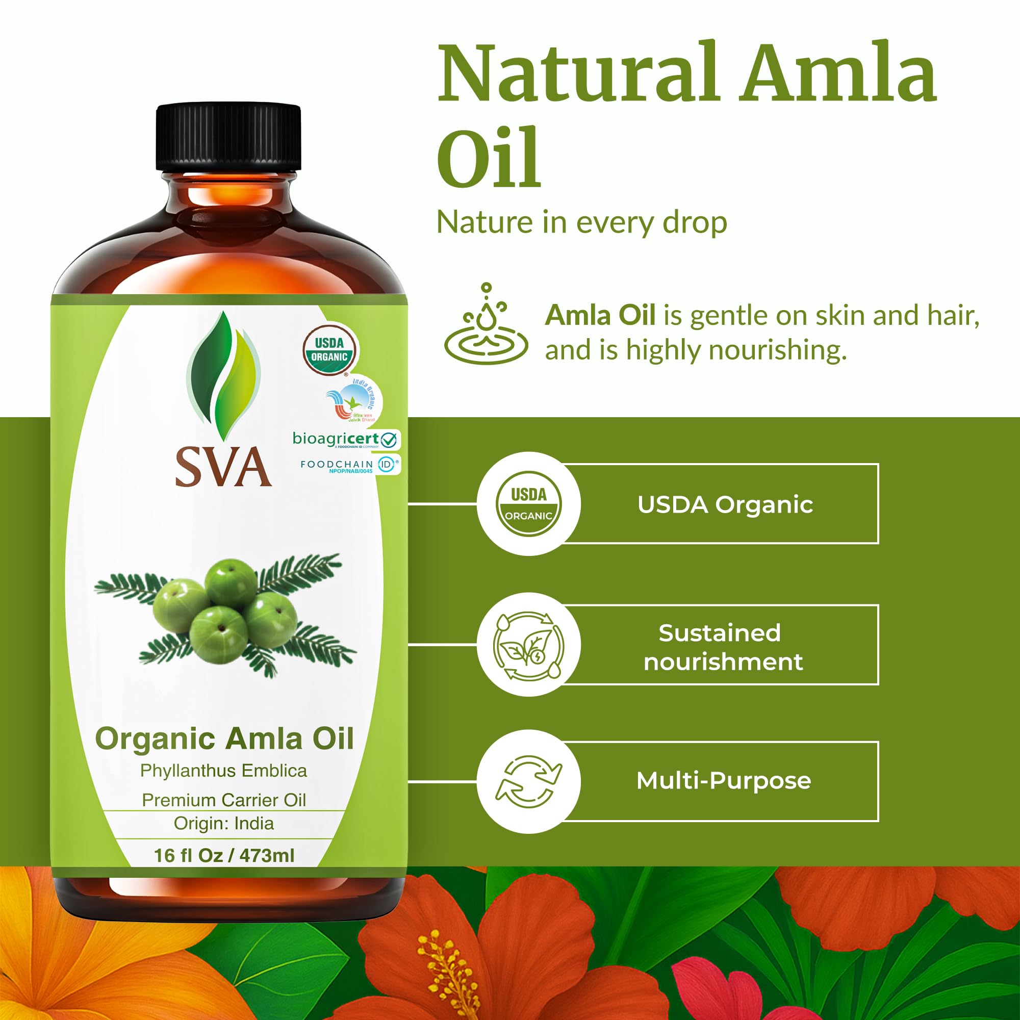 SVA ORGANICS etiqueta y detalle del producto que indica aceite orgánico y beneficios