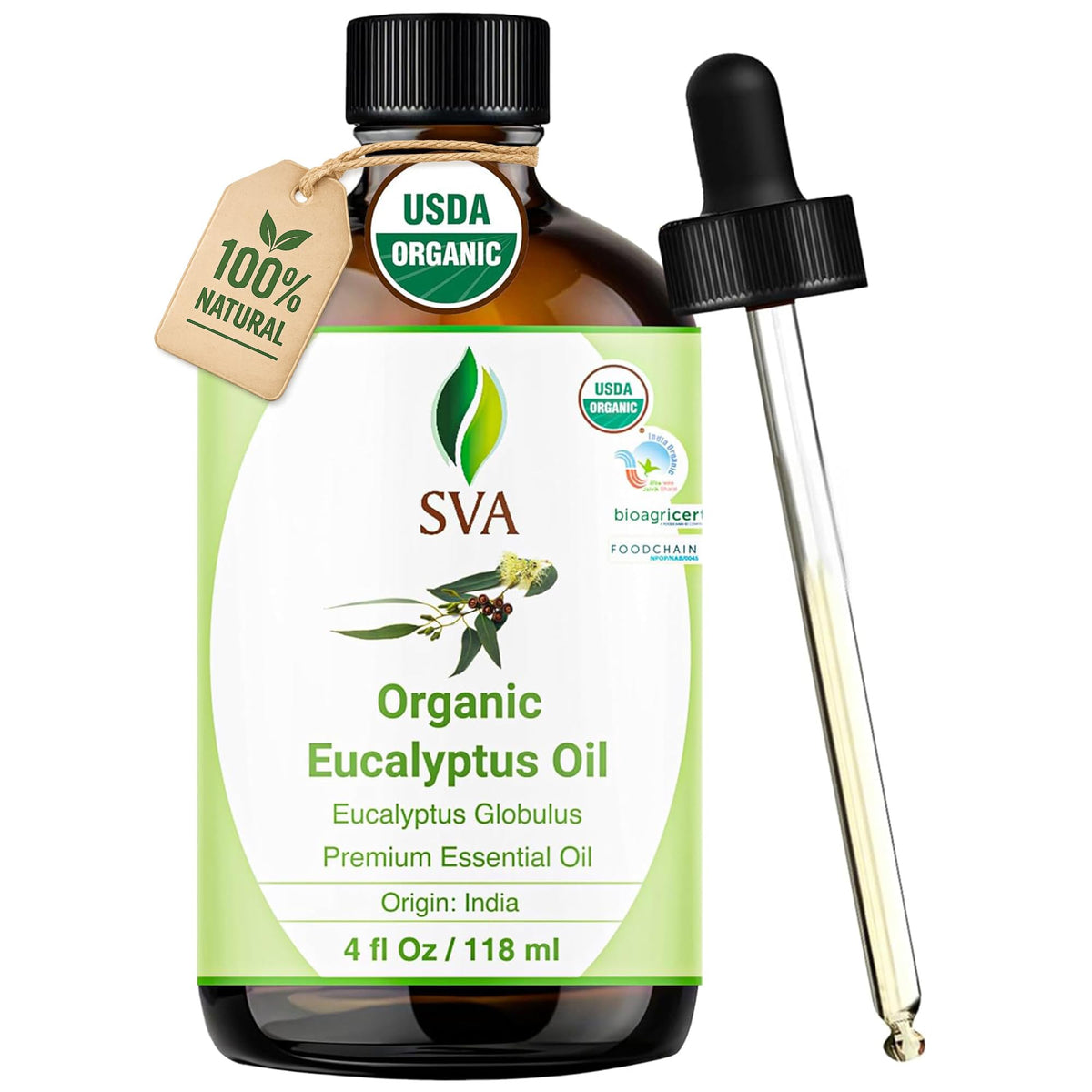 SVA ORGANICS botella de eucalipto al frente, presentación orgánica y práctica