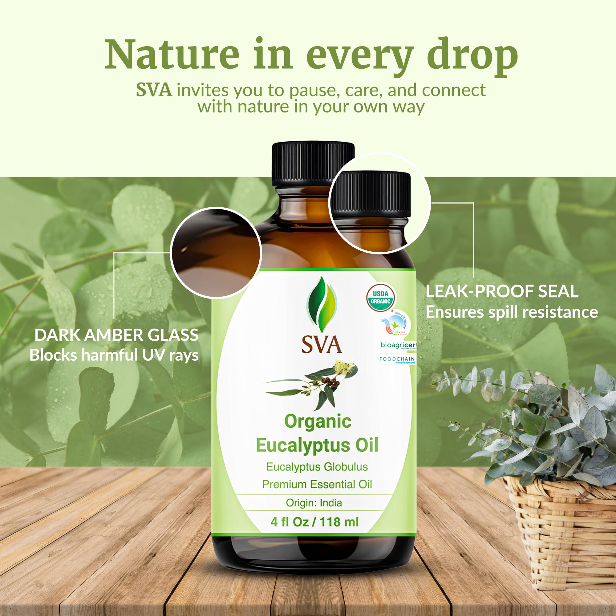 SVA ORGANICS botella junto a una mano para comparar tamaño y capacidad