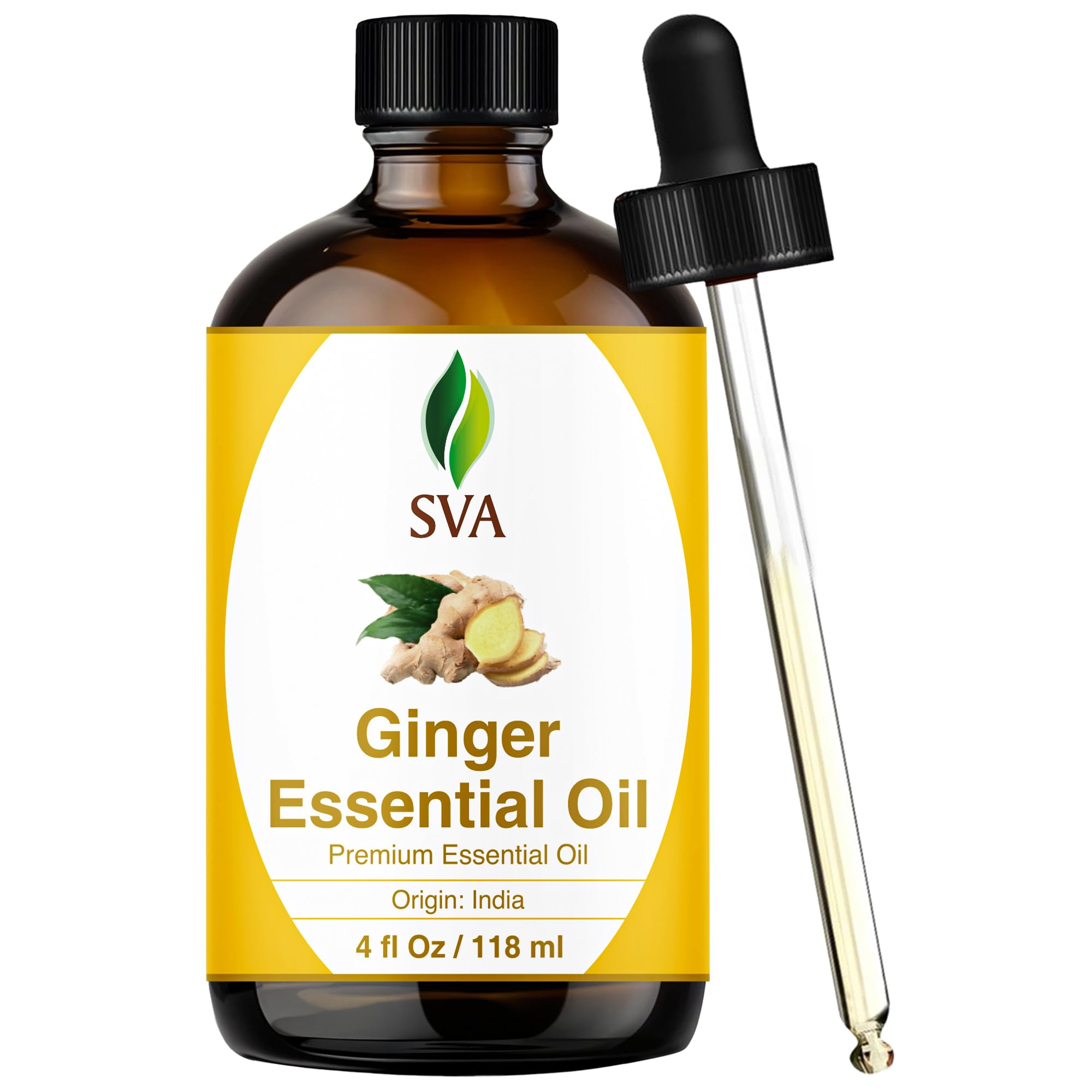 SVA ORGANICS botella frontal de aceite de jengibre mostrando etiqueta y volumen
