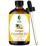 SVA ORGANICS botella frontal de aceite de jengibre mostrando etiqueta y volumen