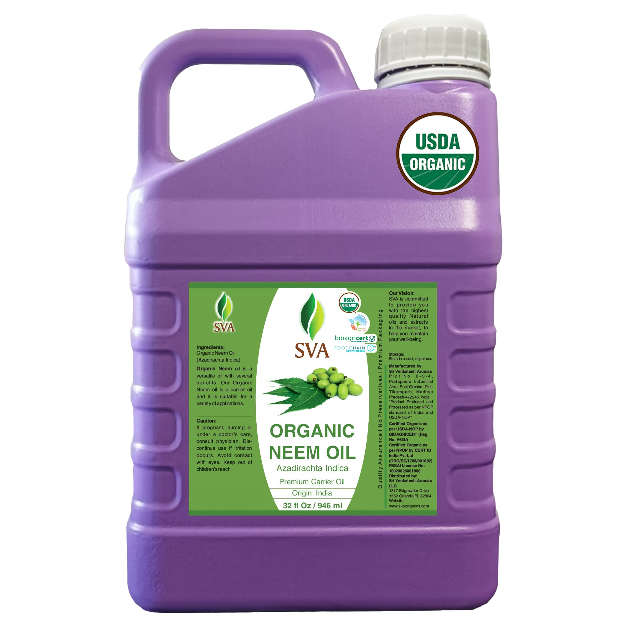 SVA ORGANICS botella frontal 946 ml mostrando envase y volumen beneficioso