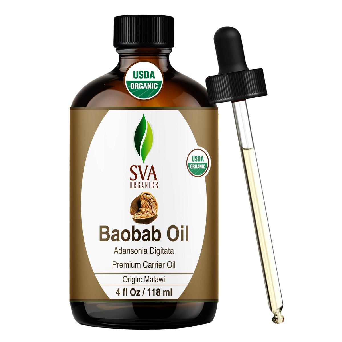 SVA ORGANICS botella frontal de aceite de baobab, presentación clara y orgánica