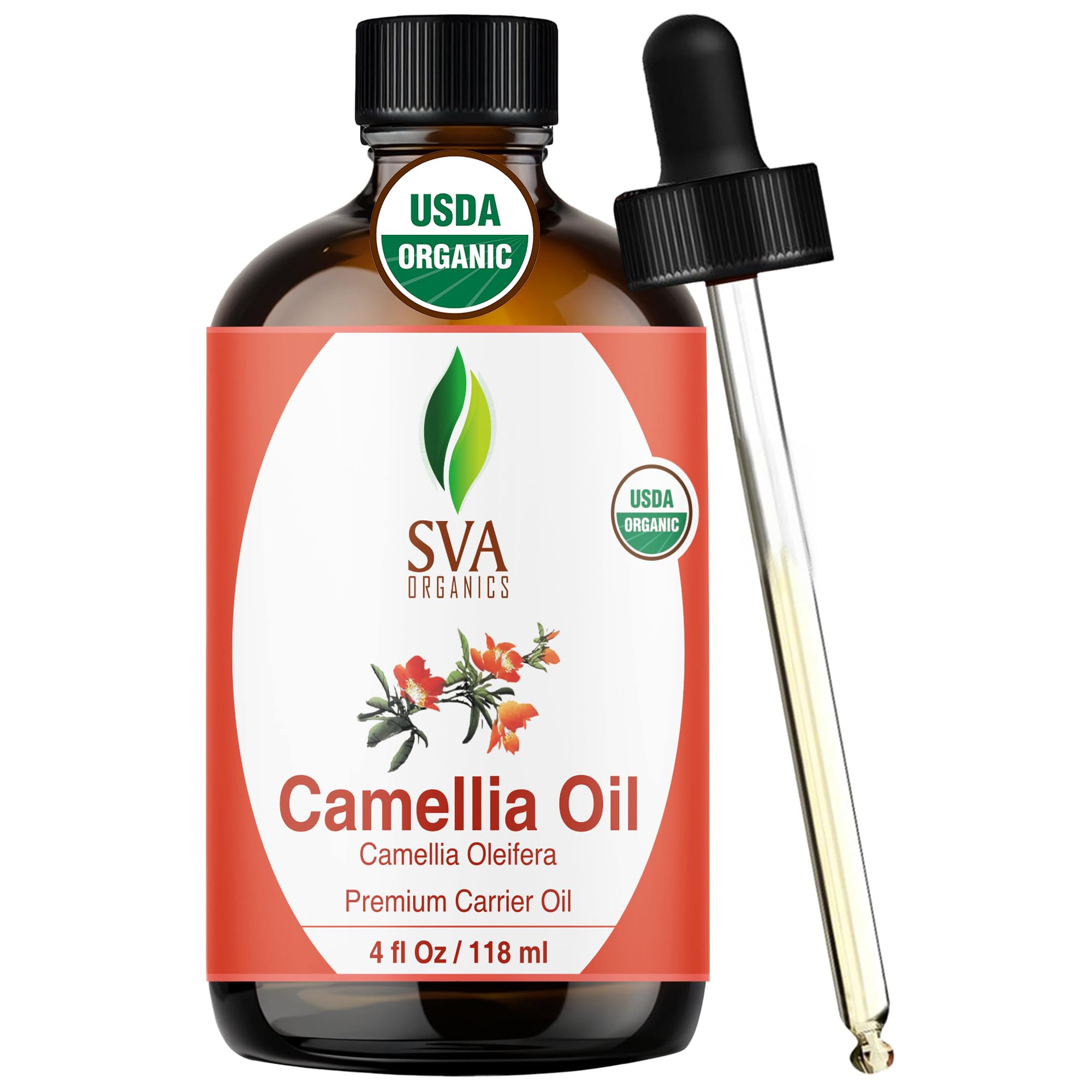 SVA ORGANICS botella frontal de aceite de camelia, presentación clara y beneficios para la piel