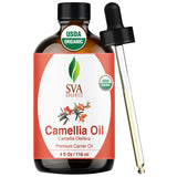 SVA ORGANICS botella frontal de aceite de camelia, presentación clara y beneficios para la piel