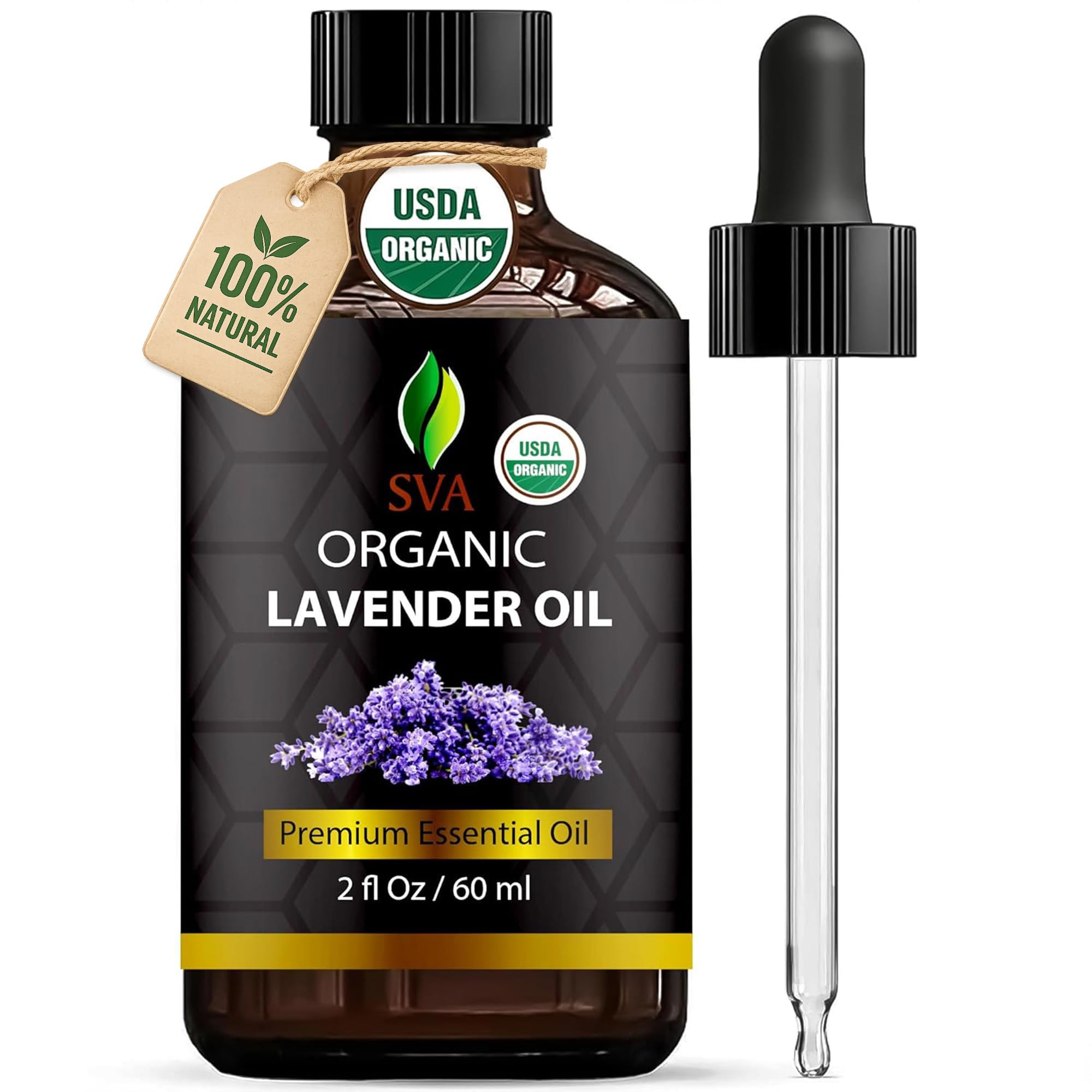 SVA ORGANICS botella frontal de aceite de lavanda mostrando presentación y gotero, ideal para aromaterapia