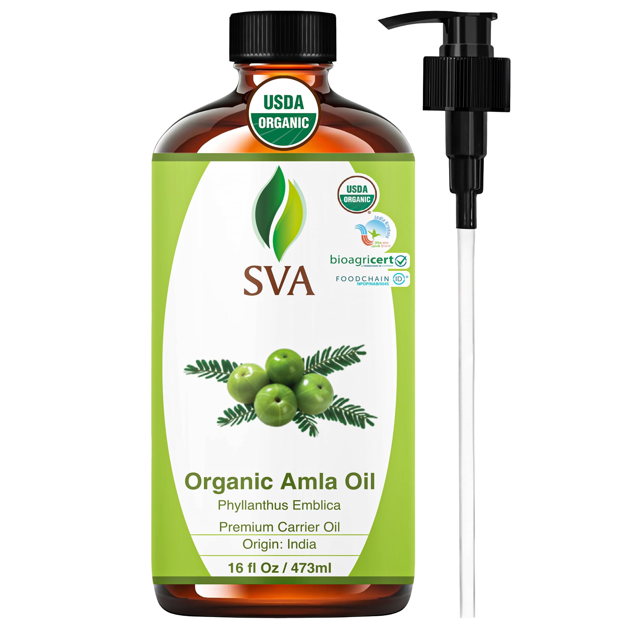 SVA ORGANICS frasco frontal de amla 473 ml mostrando presentación grande y contenido