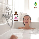 SVA ORGANICS envase en entorno de baño mostrando uso relajante y natural