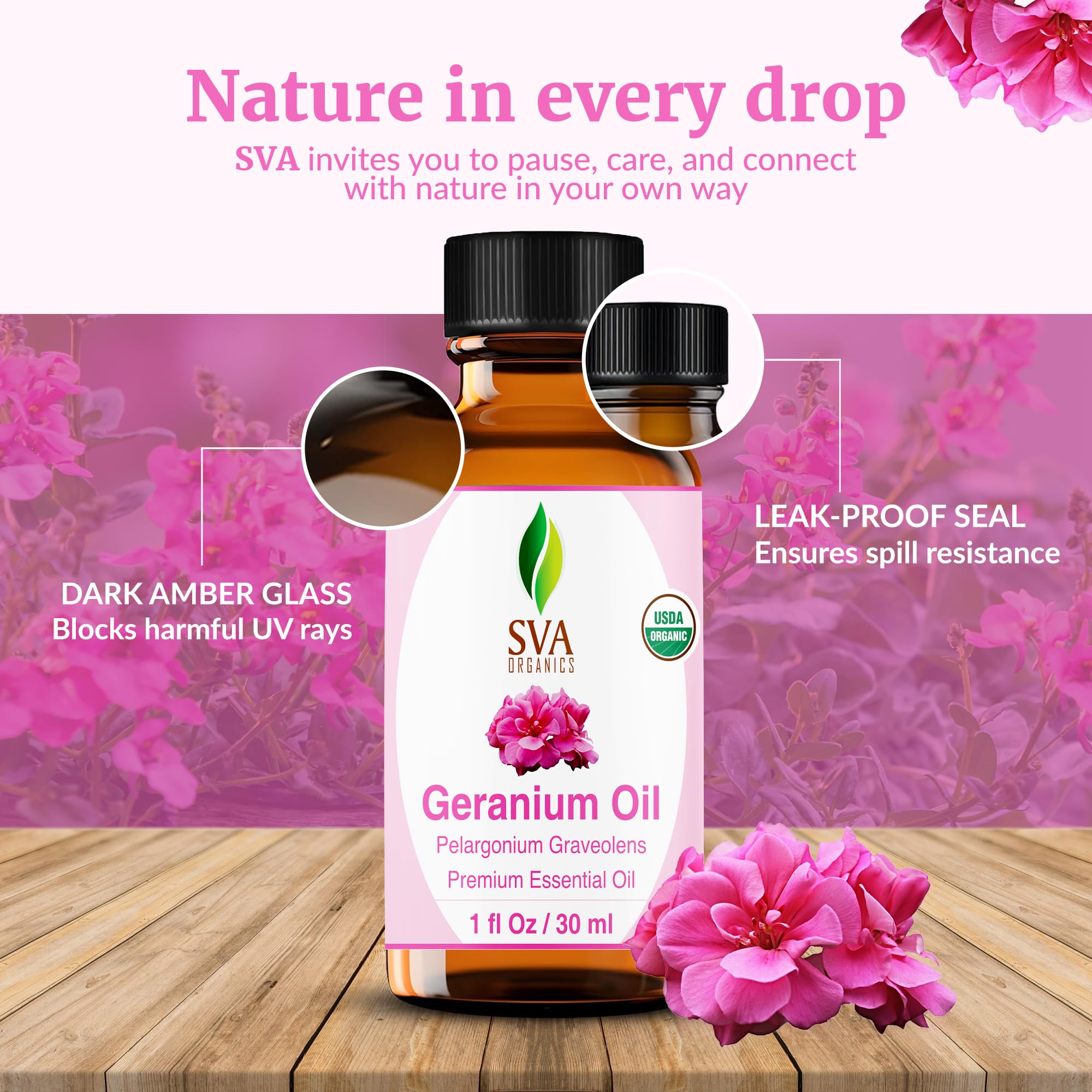 SVA ORGANICS botella junto a regla para comparar tamaño real de 30 ml