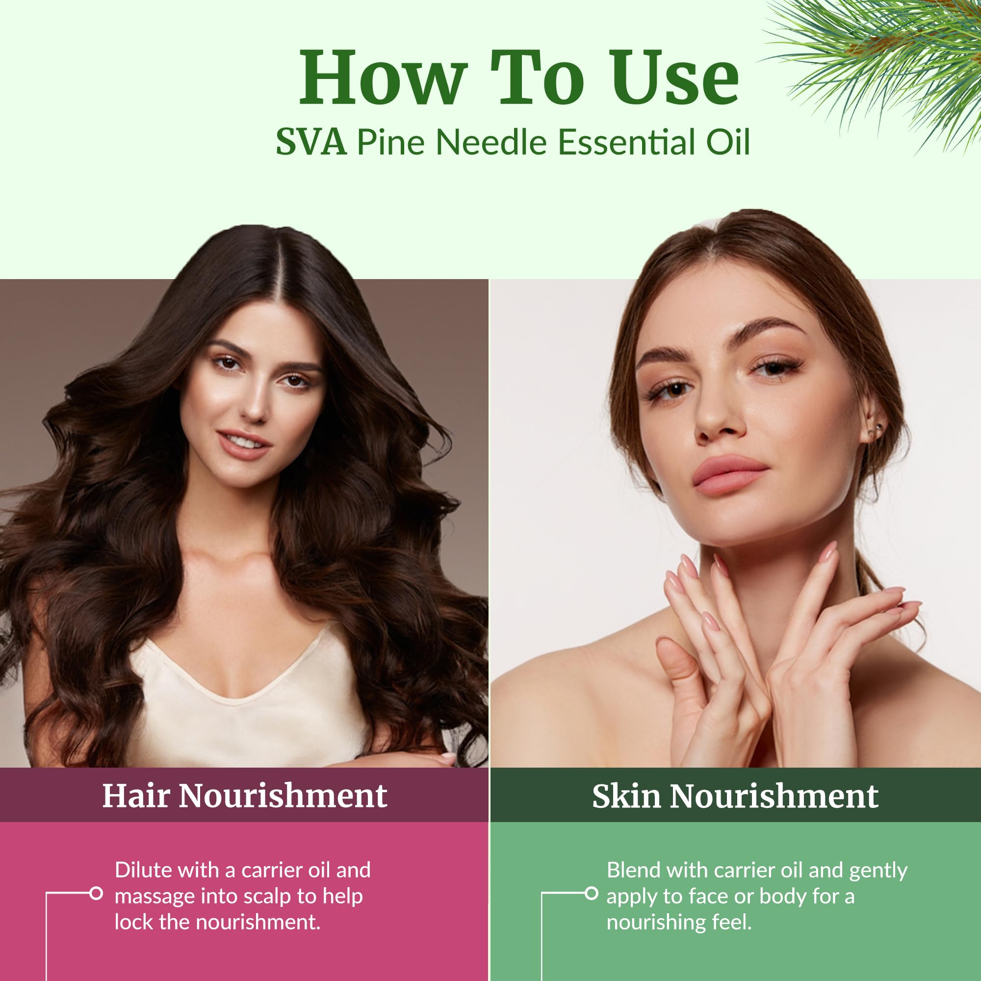 SVA ORGANICS aplicando unas gotas en cabello para masaje nutritivo