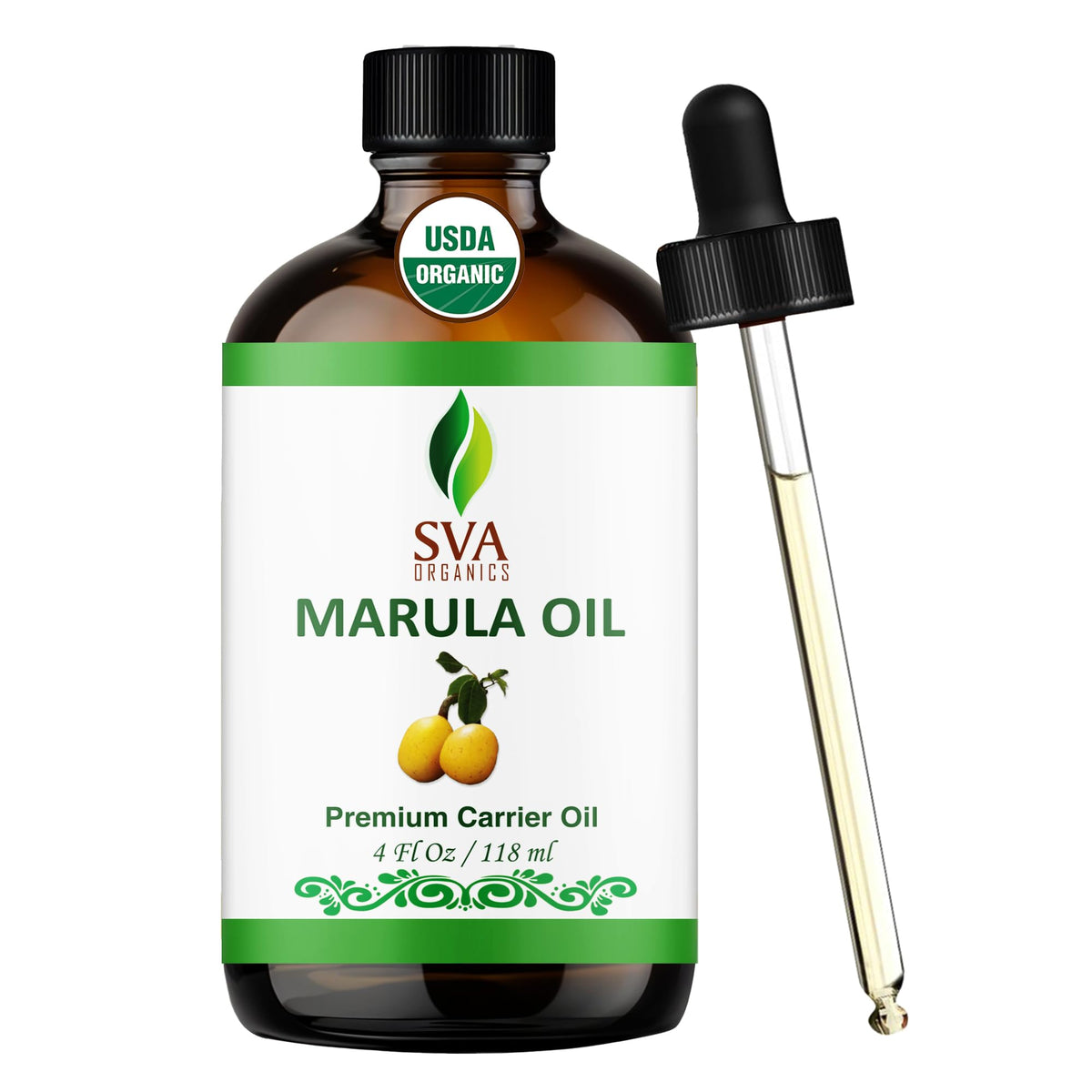 SVA ORGANICS botella frontal de aceite de marula orgánico, presentación clara y beneficios nutritivos